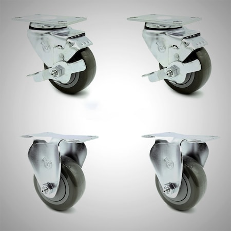 Service Caster 3.5 Inch SS Gray Polyurethane Top Plate Caster Set with 2 Brake 2 Rigid SCC SCC-SS20S3514-PPUB-TLB-2-R3514-2